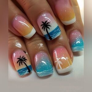 24 Pcs Beach Tropical Sunset Palm Trees Glitter Press-on Nails Ombré White Tips